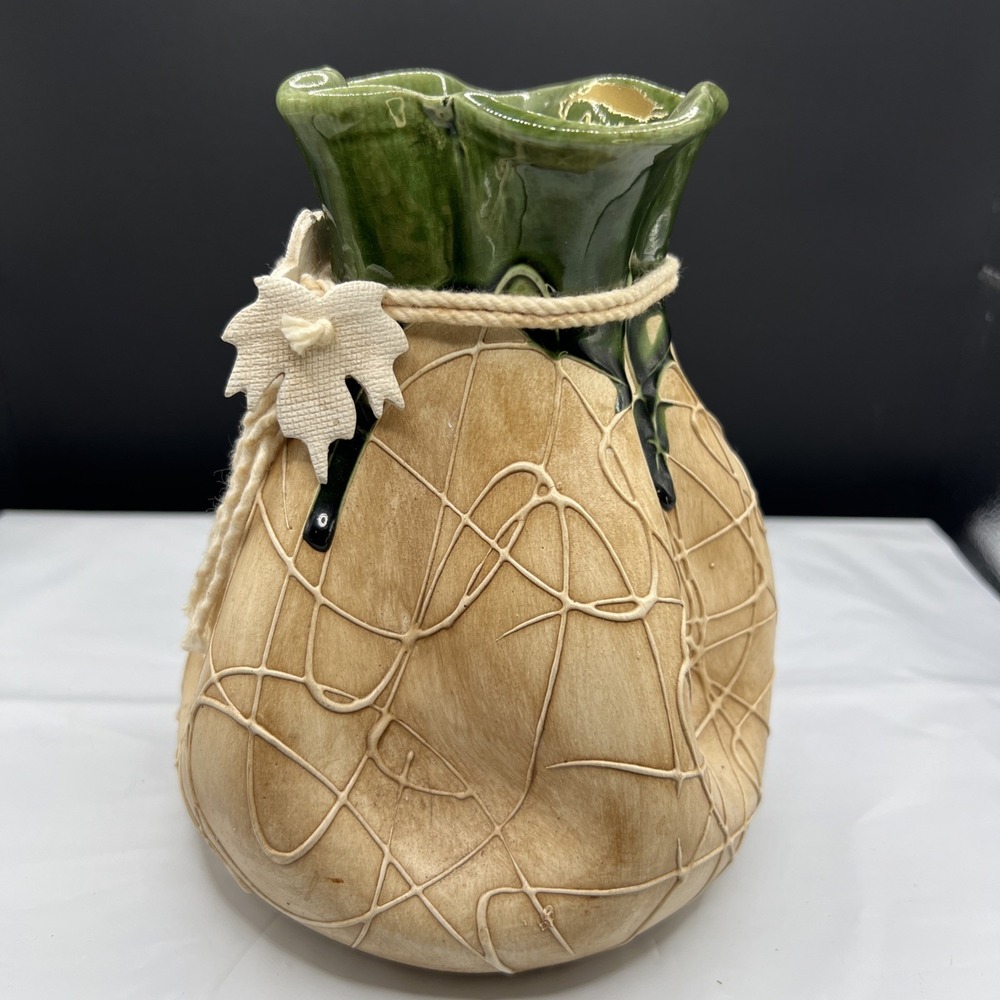 Vintage Aruba Art Pottery Money Sack Vase Gold Island Relief Emblem Drip Glaze